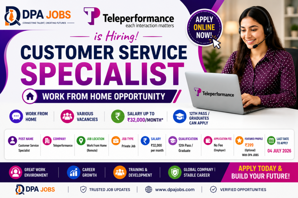 Teleperformance Recruitment 2026 Customer Service Specialist Work From Home Job Salary ₹32,000/Month 12th Pass / Graduates Can Apply Apply Online